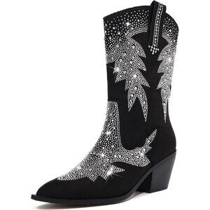 Women Polyurethane Ankle Black Pointed Toe Chunky Heel Rhinestone Tall Boot